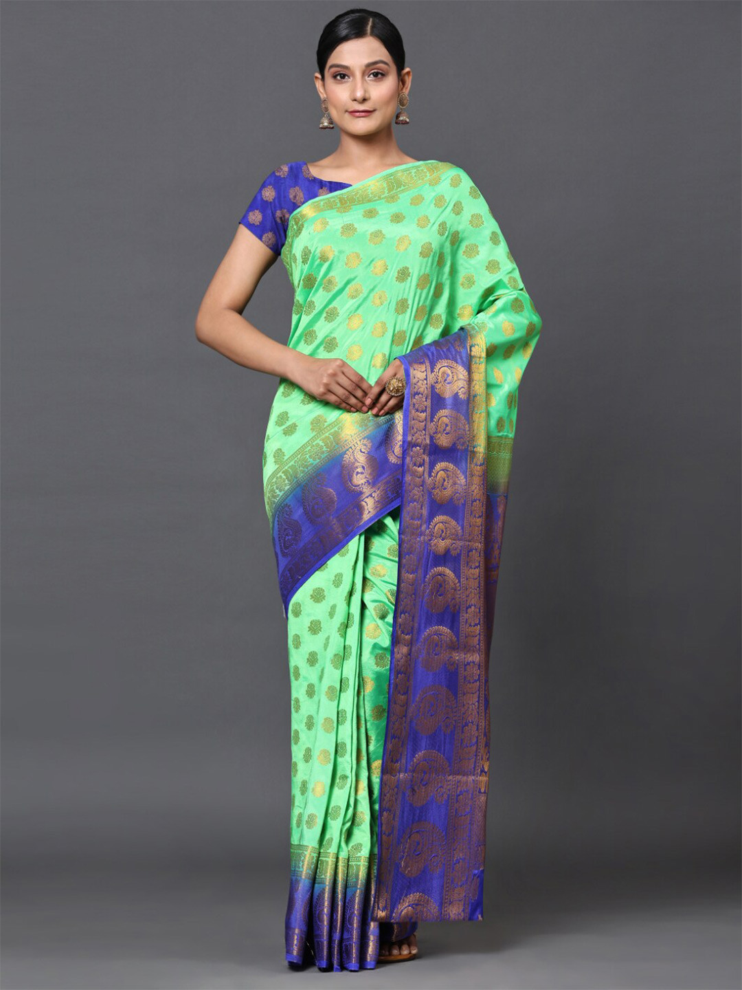 

GoStyle Ethnic Motifs Woven Design Zari Detailed Banarasi Saree, Sea green