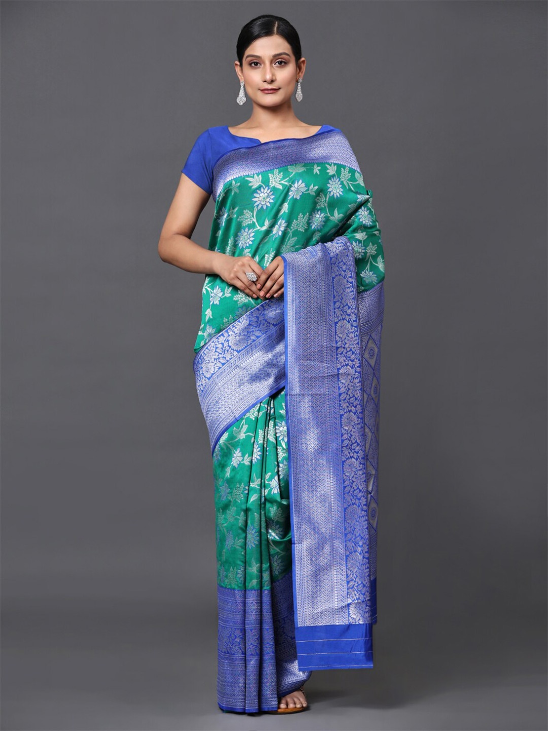 

GoStyle Floral Woven Design Zari Banarasi Saree, Sea green