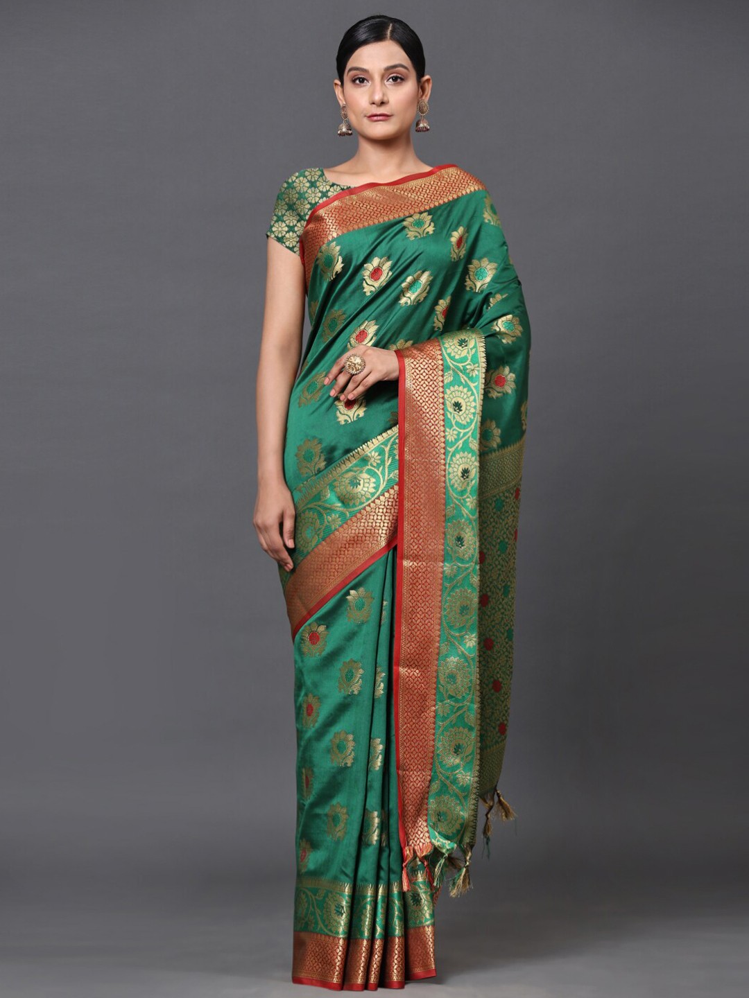 

GoStyle Ethnic Motifs Woven Design Zari Detailed Banarasi Saree, Green