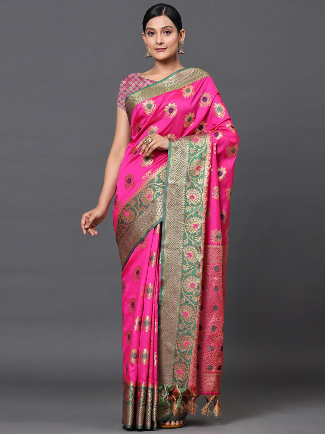 

GoStyle Ethnic Motifs Woven Design Zari Banarasi Saree, Pink