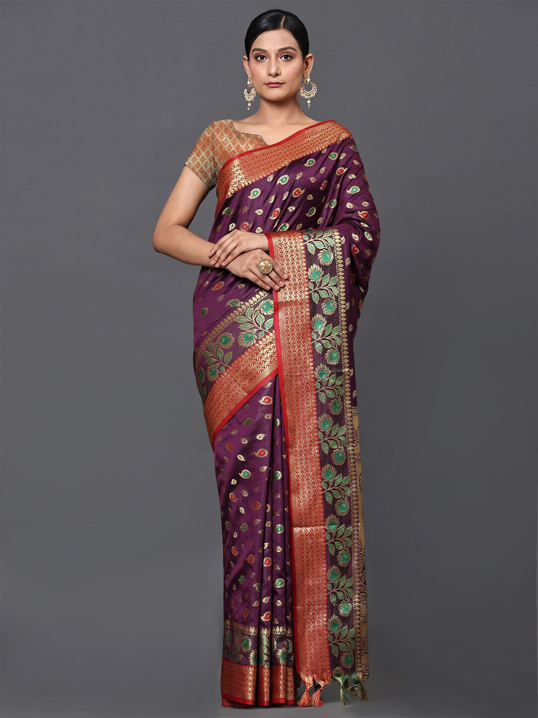 

GoStyle Ethnic Motifs Woven Design Zari Detailed Banarasi Saree, Burgundy