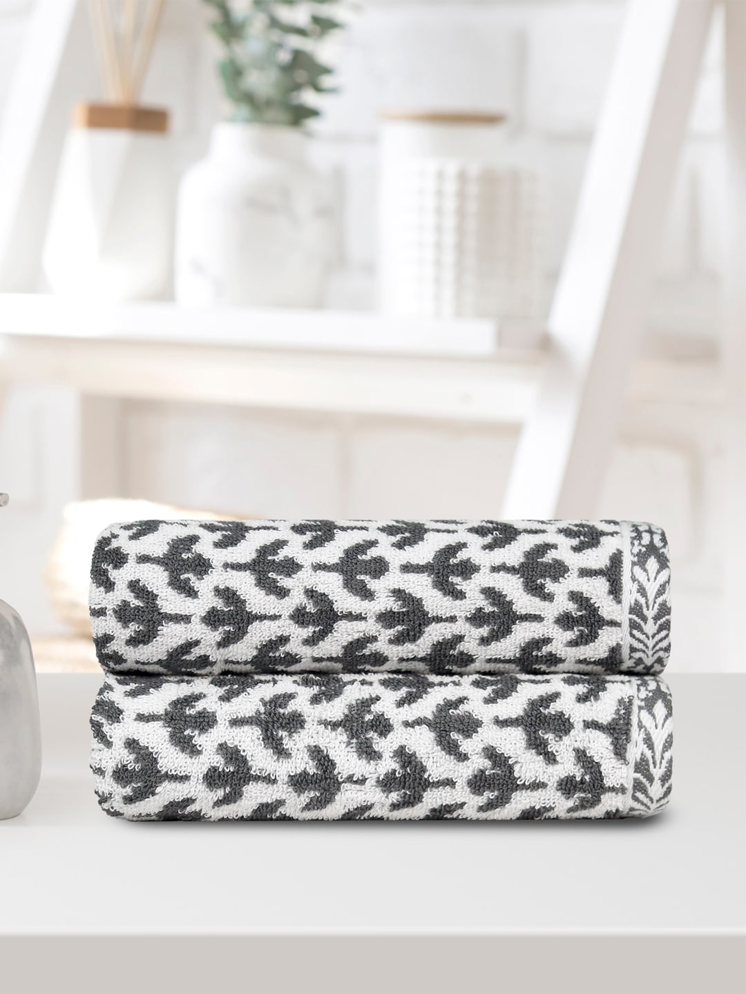 

MYTRIDENT 2 Pieces White & Grey Printed 500 GSM Cotton Hand Towels