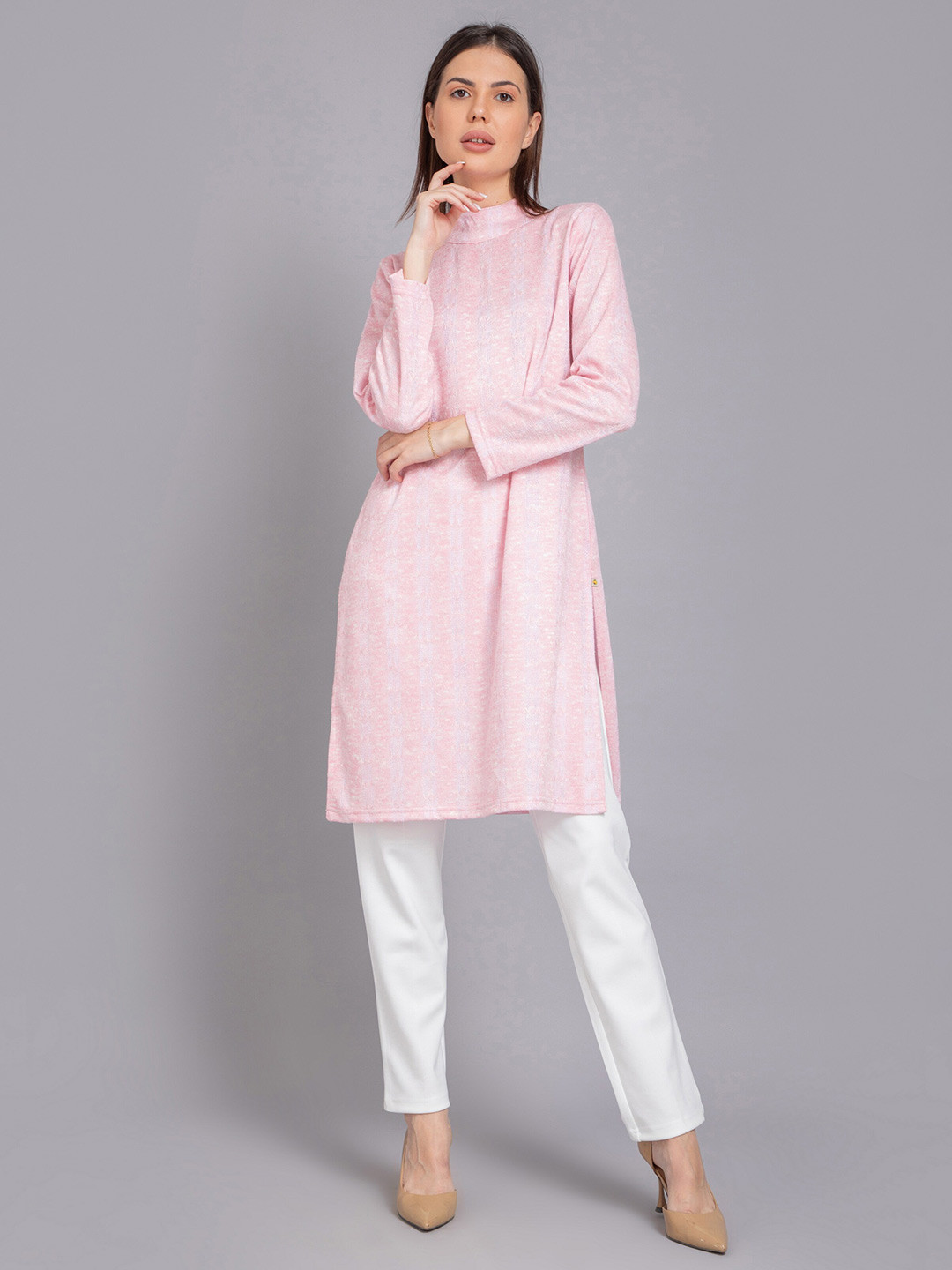 

SUTI Self Design High Neck Woollen Tunic, Pink
