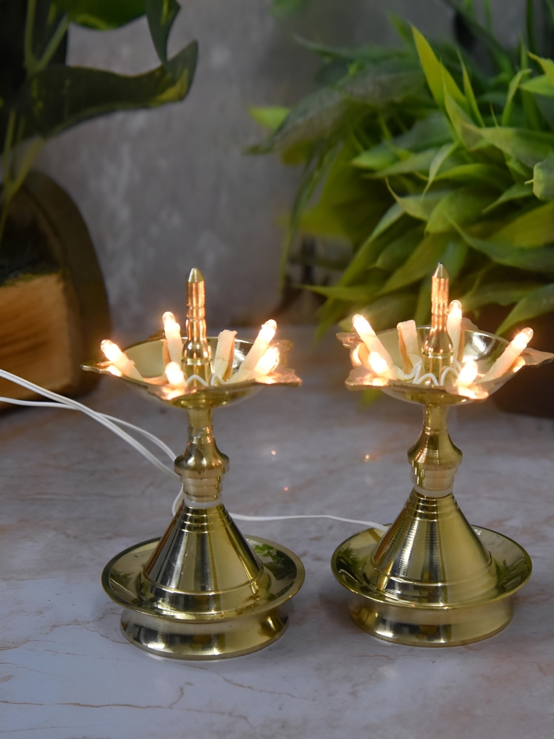 

Bhimonee Decor Gold-Toned 2 Pieces Brass LED Light Electric Pooja Diyas