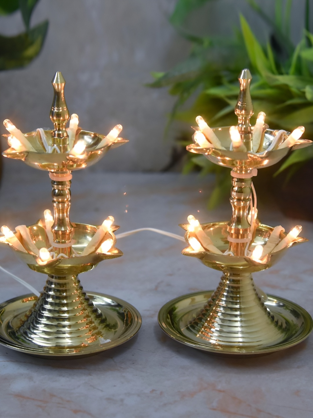 

Bhimonee Decor Gold-Toned 2 Pieces Brass LED Light Electric Pooja Diyas