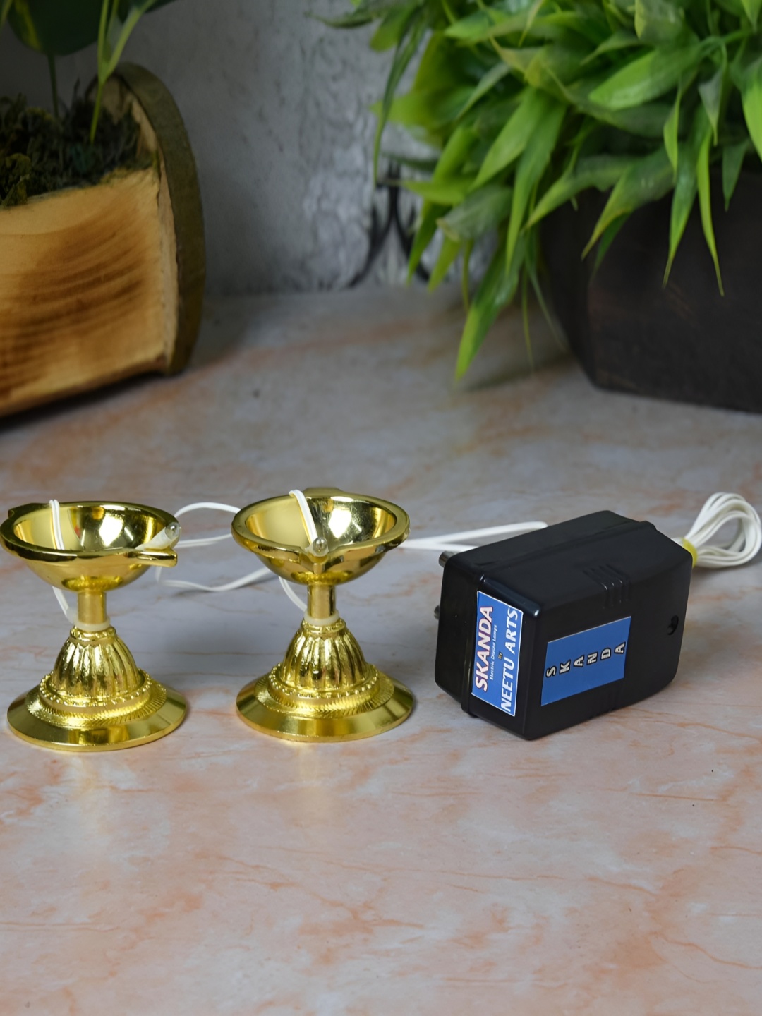 

Bhimonee Decor Gold-Toned 2 Pieces Brass LED Light Electric Pooja Diyas