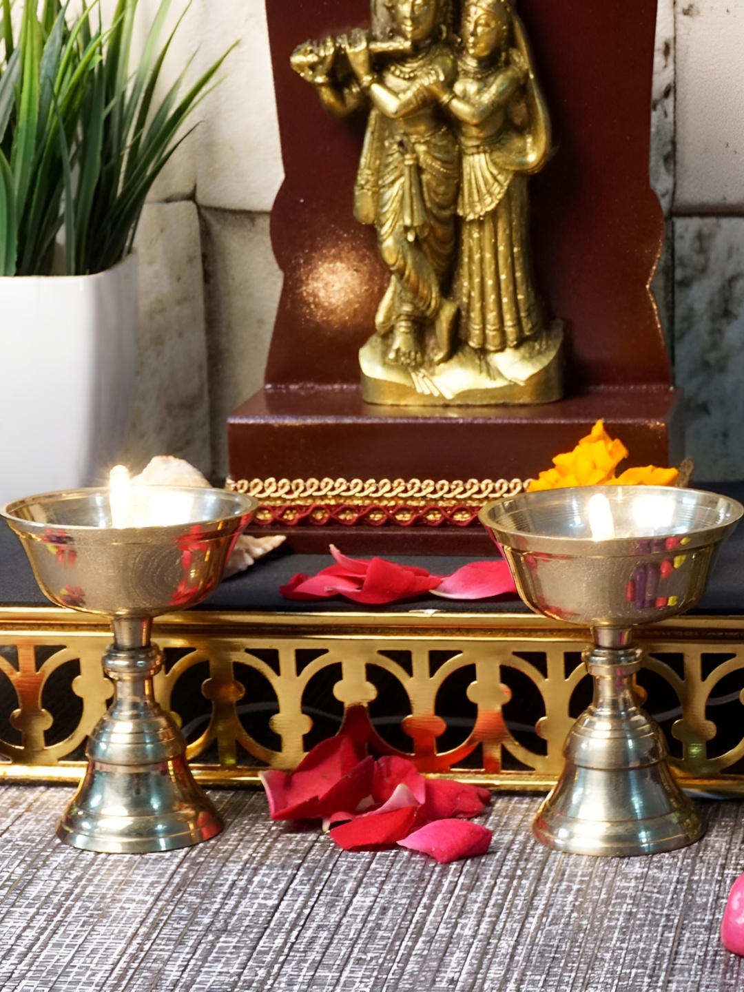 

Bhimonee Decor Gold-Toned 2 Pieces Brass LED Light Electric Pooja Diyas