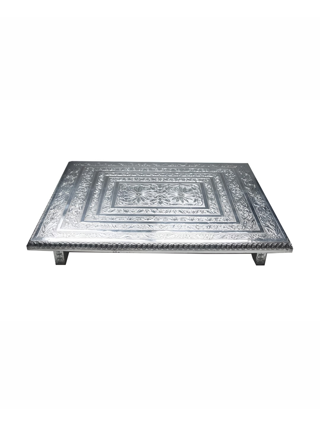 

Bhimonee Decor Silver-Toned Wooden Rajwadi Work Rectangle Pooja Chowkie