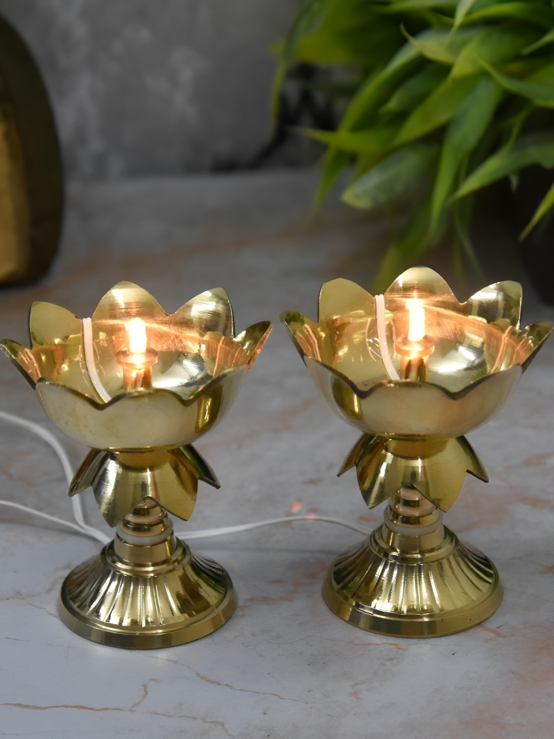 

Bhimonee Decor Gold-Toned 2 Pieces Brass Lotus Electric Diyas