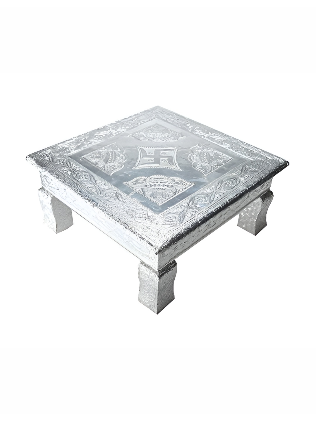 

Bhimonee Decor Silver-Toned Metal Swastik-Engraved Square Pooja Chowkie