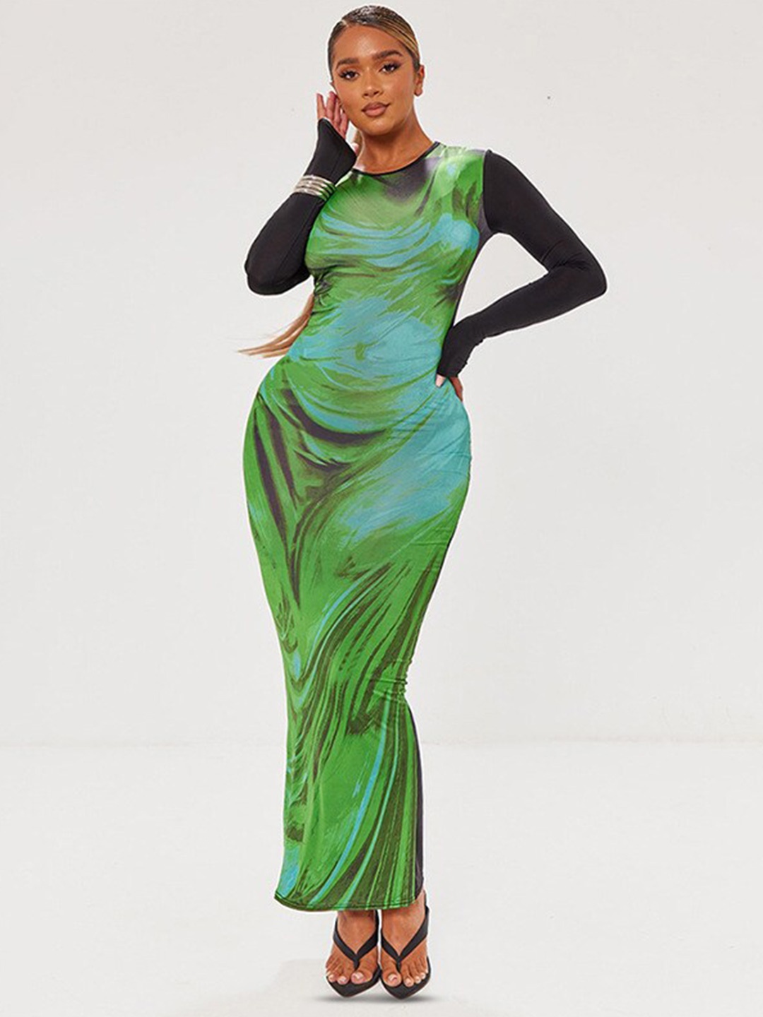 

StyleCast Green Colourblocked Long Sleeve Maxi Dress