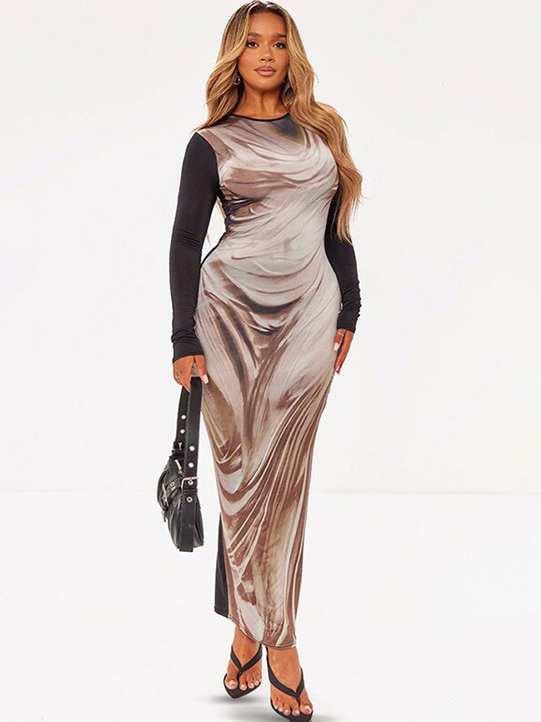 

StyleCast Khaki Colourblocked Long Sleeve Maxi Dress