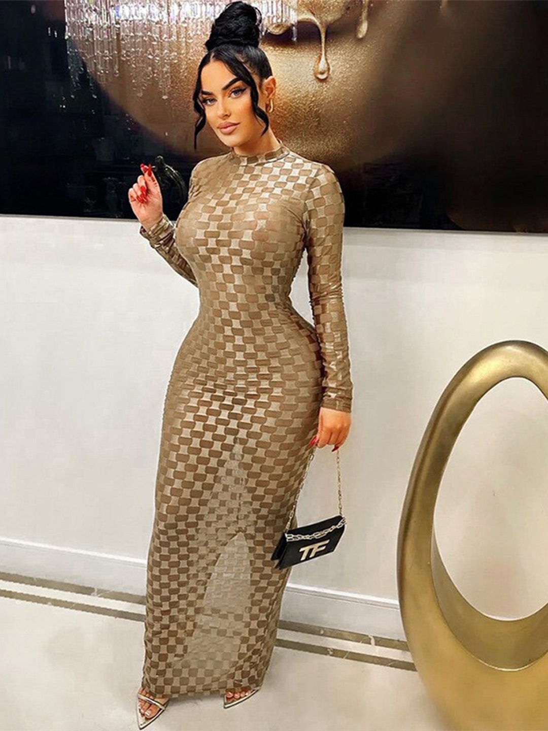 

StyleCast Khaki Self Design High Neck Maxi Dress