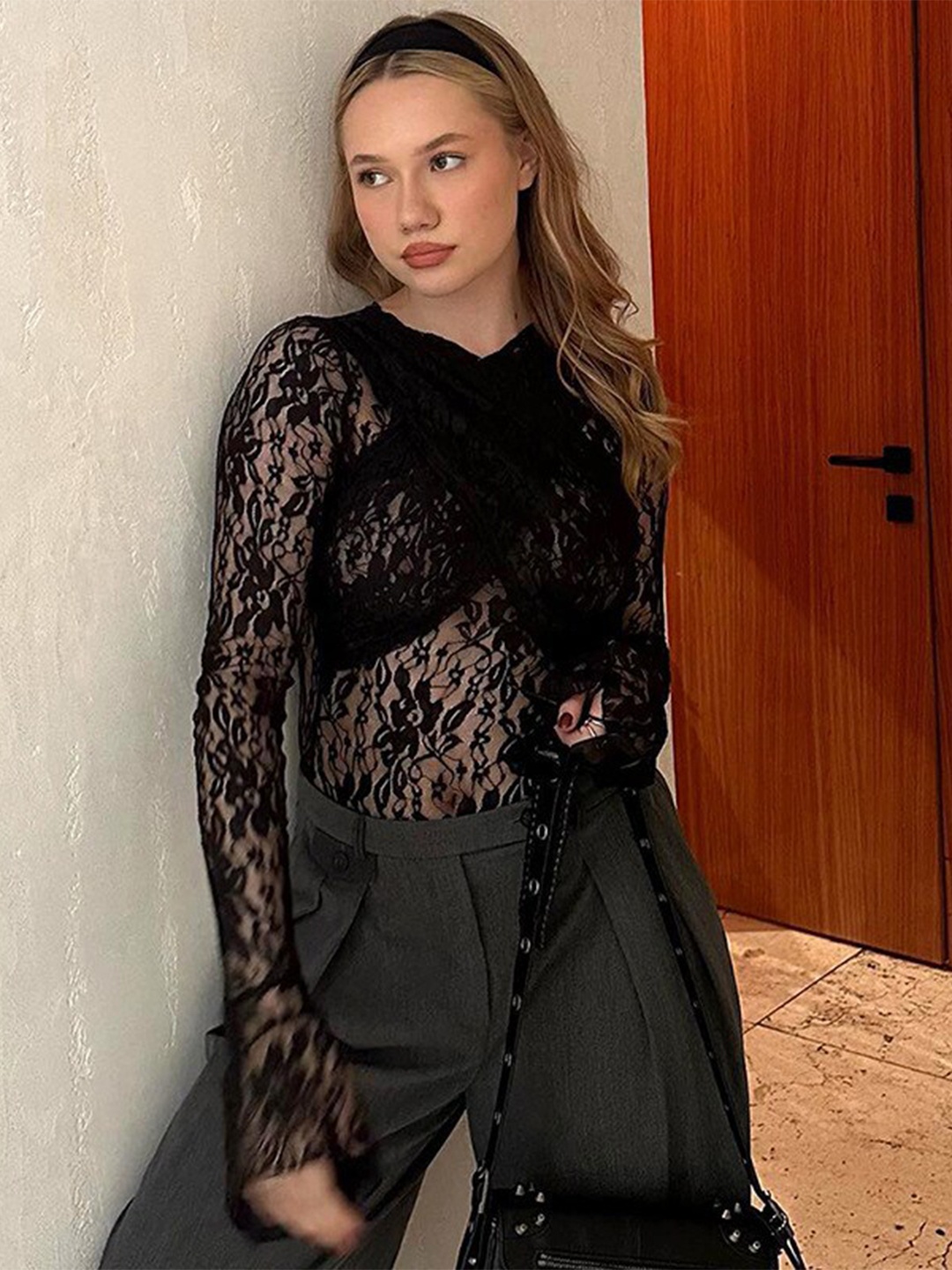 

StyleCast Black Self Design Long Sleeves Lace Top
