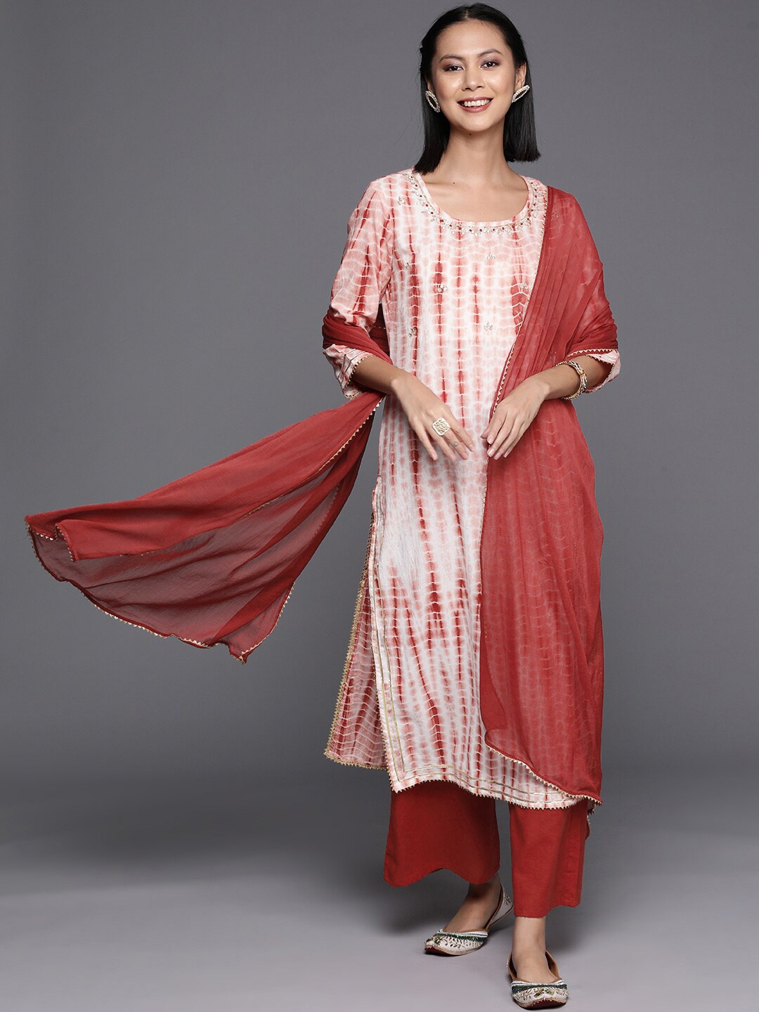 

KALINI Ombre Dyed Gotta Patti Pure Cotton Kurta With Palazzos & Dupatta, Rust