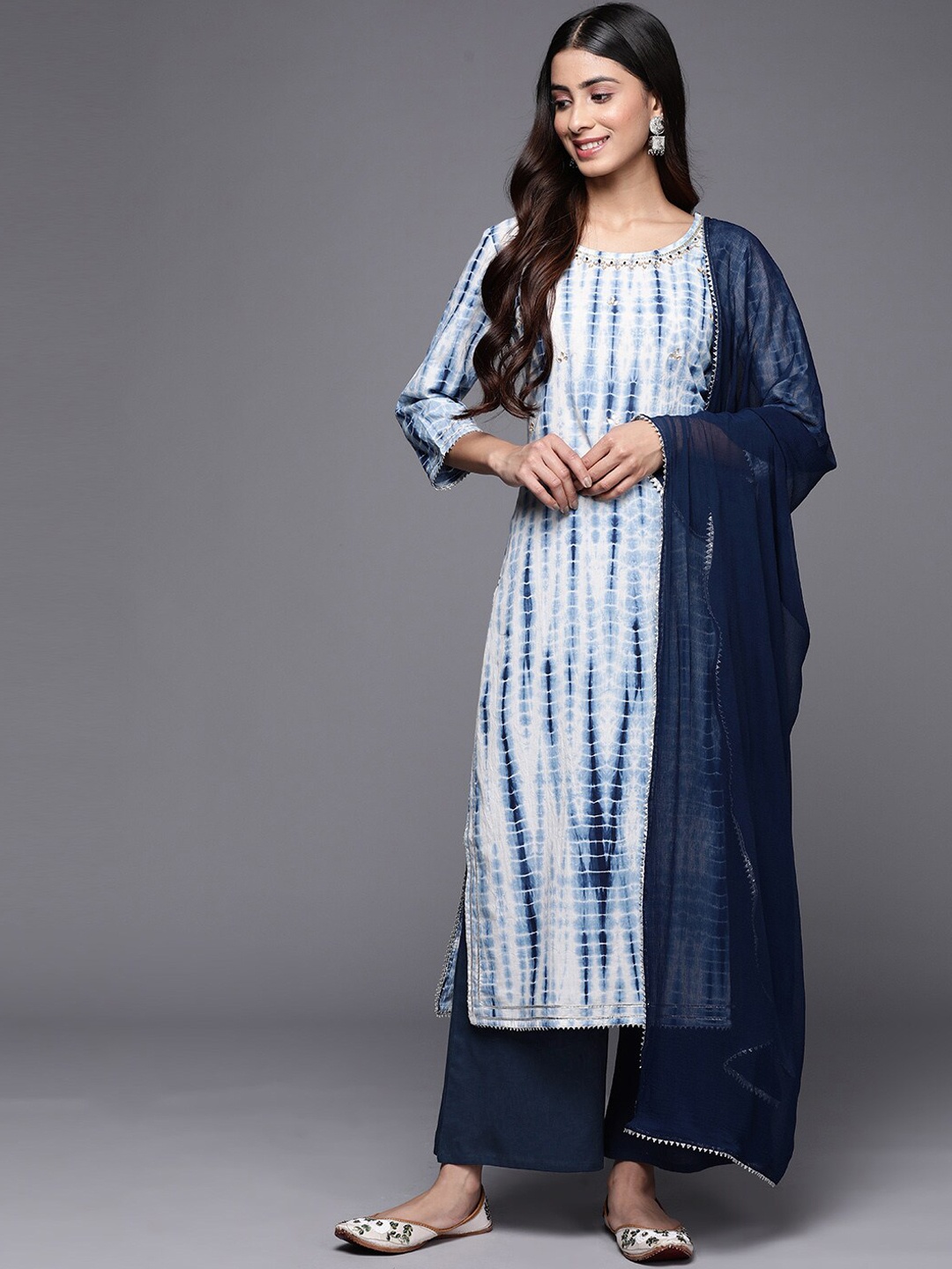 

KALINI Leheriya Printed Thread Work Pure Cotton Kurta With Palazzos & Dupatta, Blue
