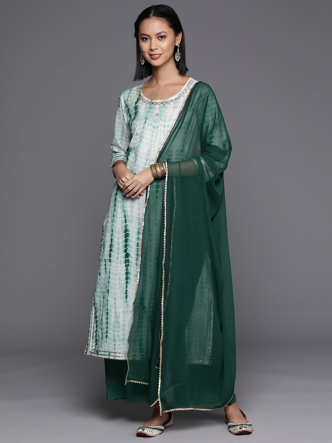 

KALINI Abstract Printed Thread Work Pure Cotton Straight Kurta & Palazzo With Dupatta, Green