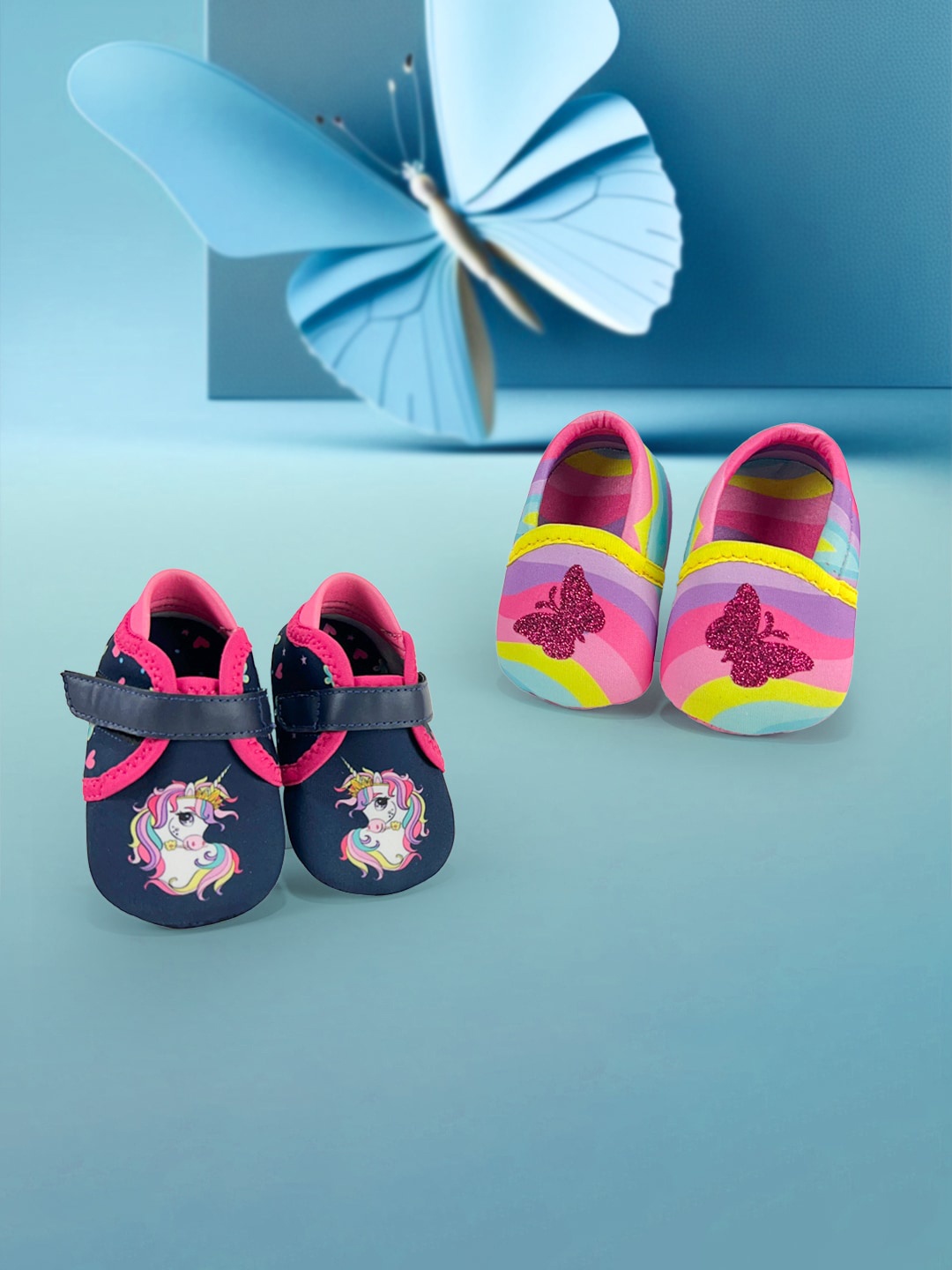 

KazarMax Pack Of 2 Unicorn & Butterfly Printed Anti-Skid Sole Cotton Booties, Navy blue
