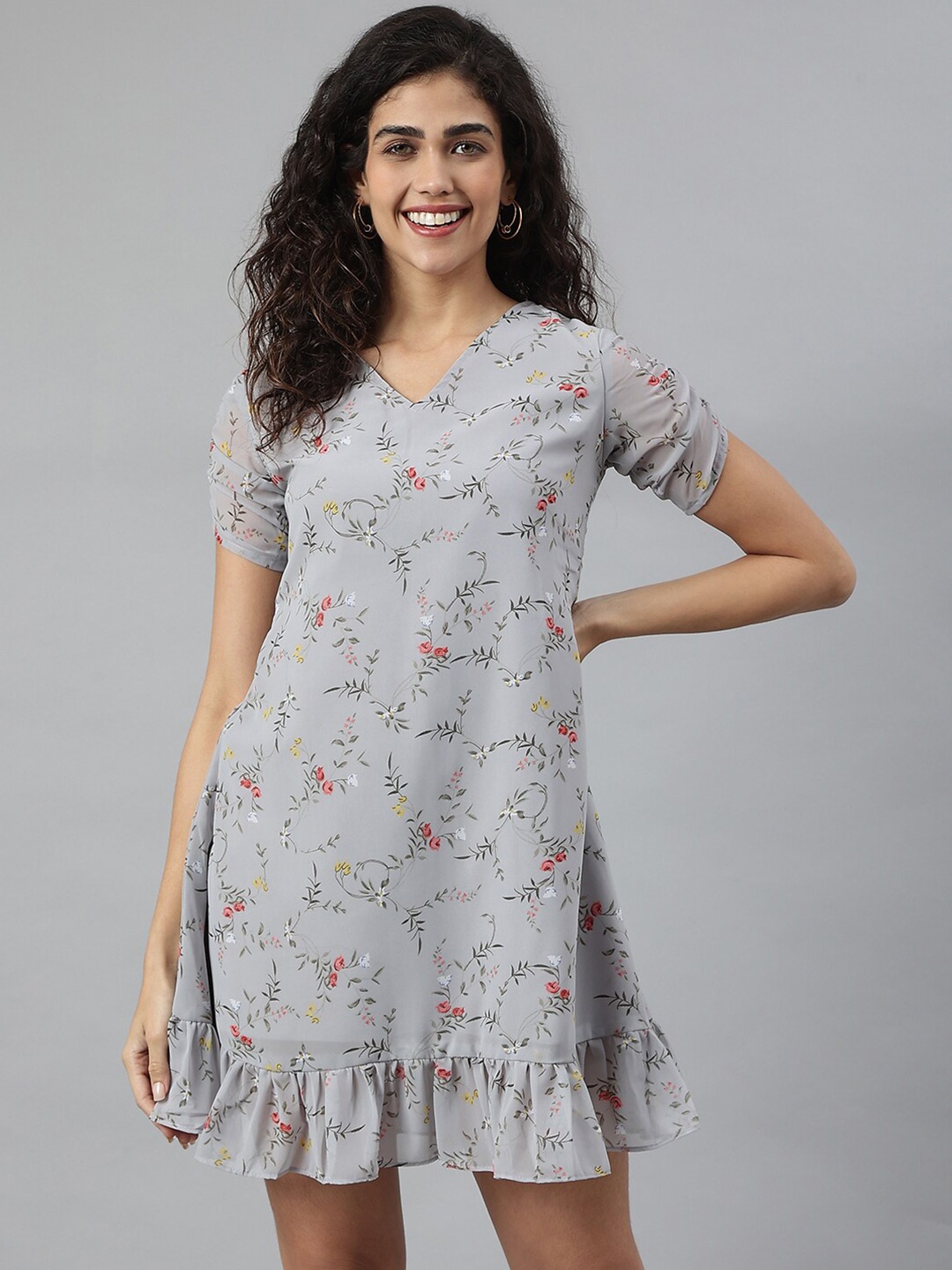 

Neemiya Floral Printed Georgette A-Line Dress, Grey