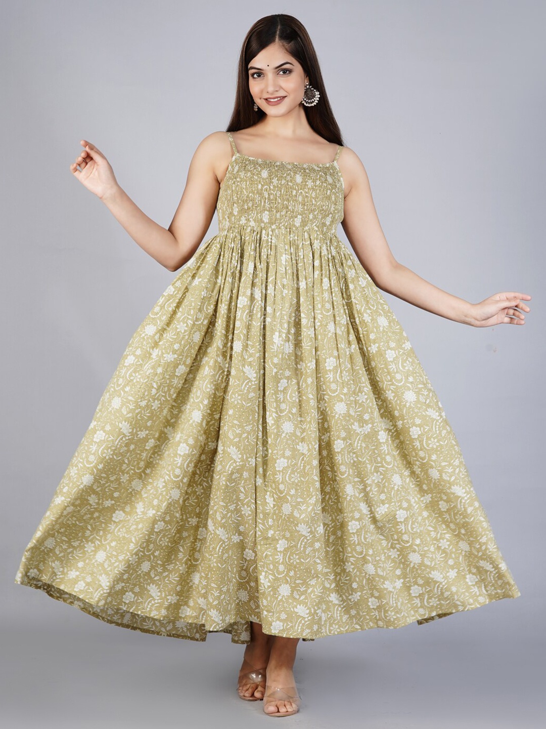 

Neemiya Floral Printed Sleeveless Pure Cotton Fit & Flare Maxi Dress, Green
