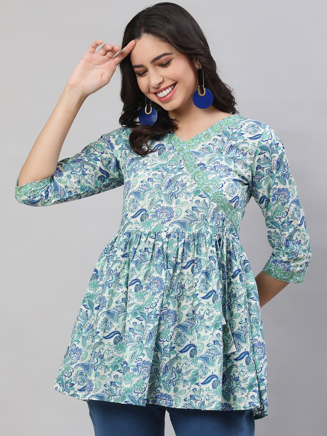 

NISHABD Floral Printed V-Neck Cotton Peplum Top, Blue
