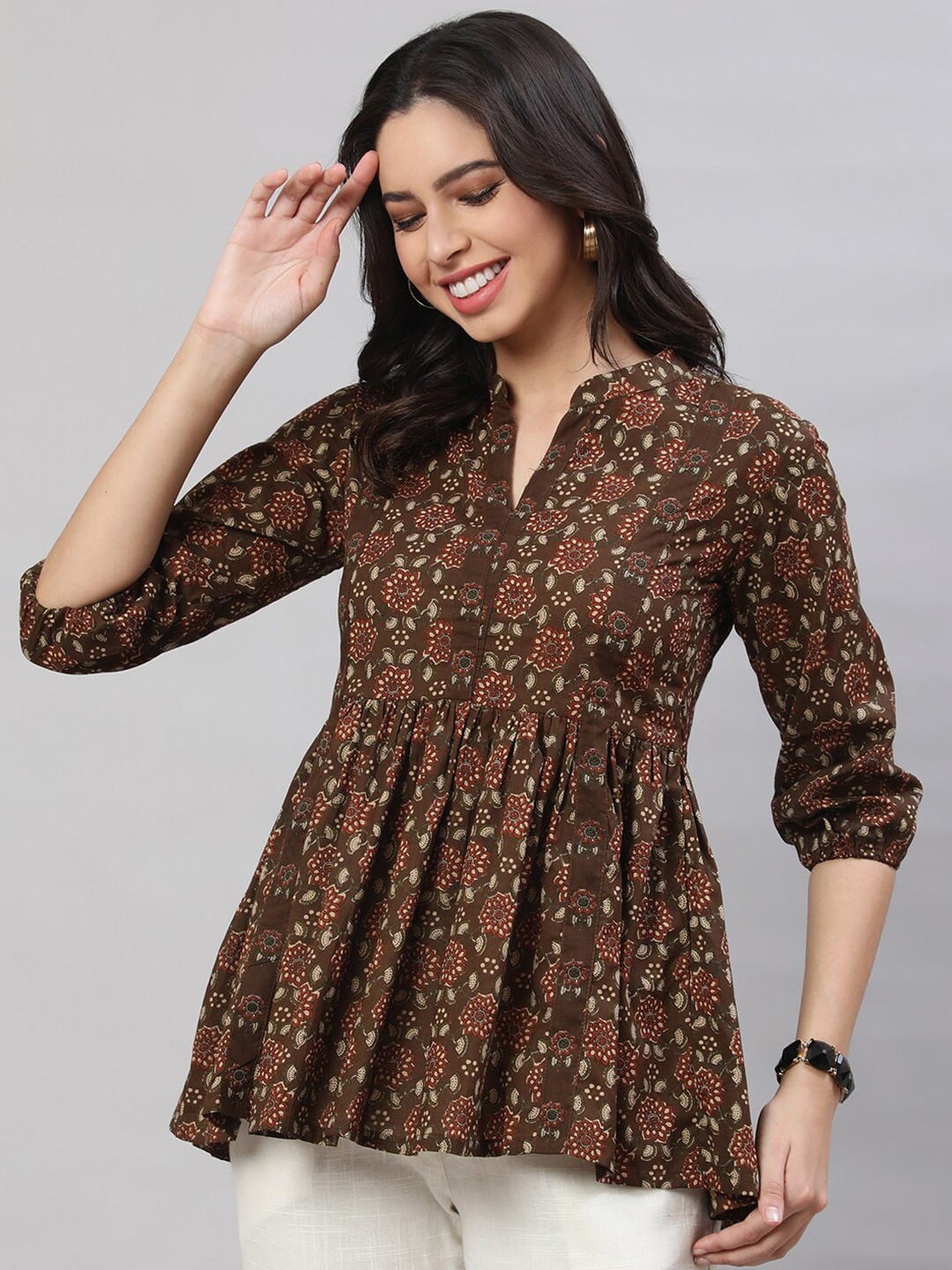 

NISHABD Floral Printed Mandarin Collar Cotton Peplum Top, Brown