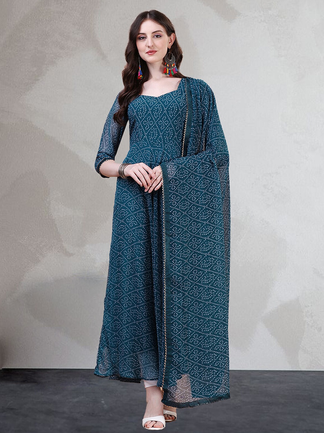 

N N ENTERPRISE Bandhani Printed Georgette Anarkali Kurta With Dupatta, Teal