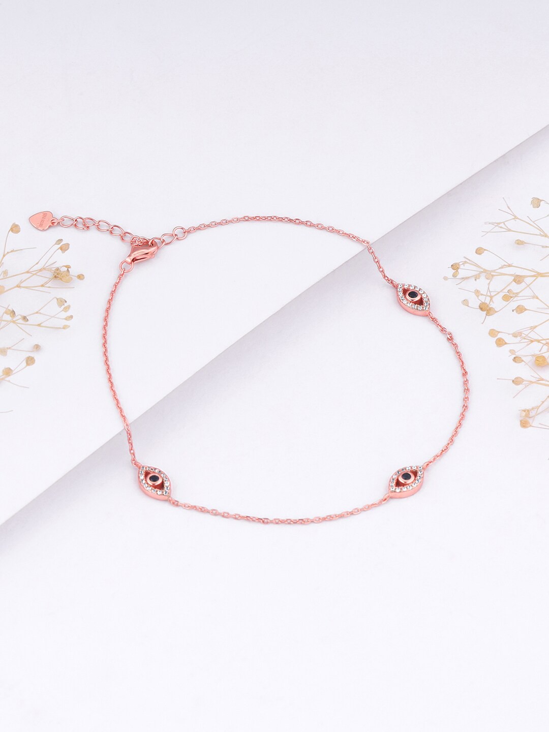 

GIVA Set Of 2 925 Sterling Silver Rose Gold Plated Stone Studded Evil Eye Anklets