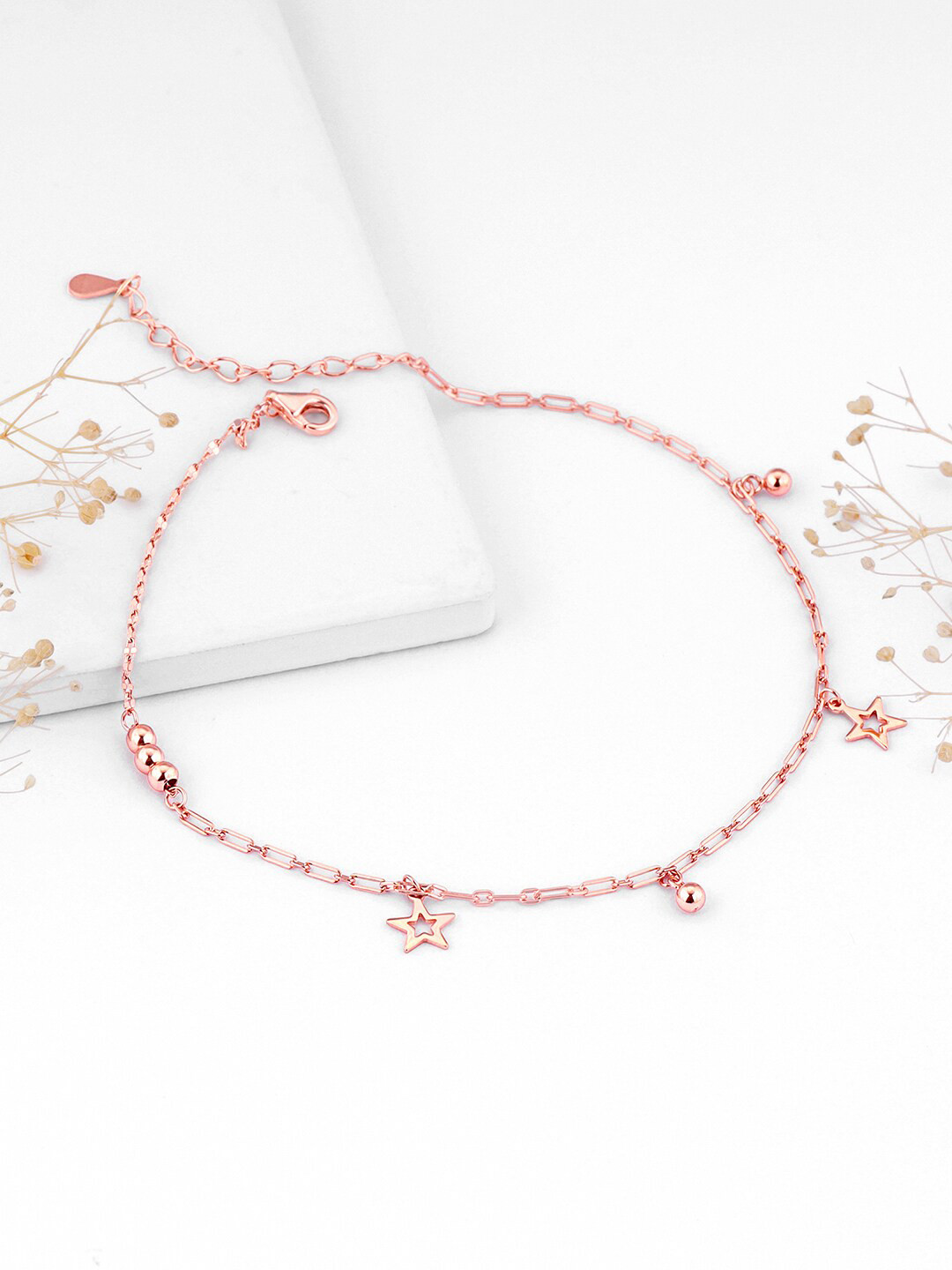 

GIVA Set Of 2 92.5 Sterling Silver Rose Gold-Plated Star Laced Anklets