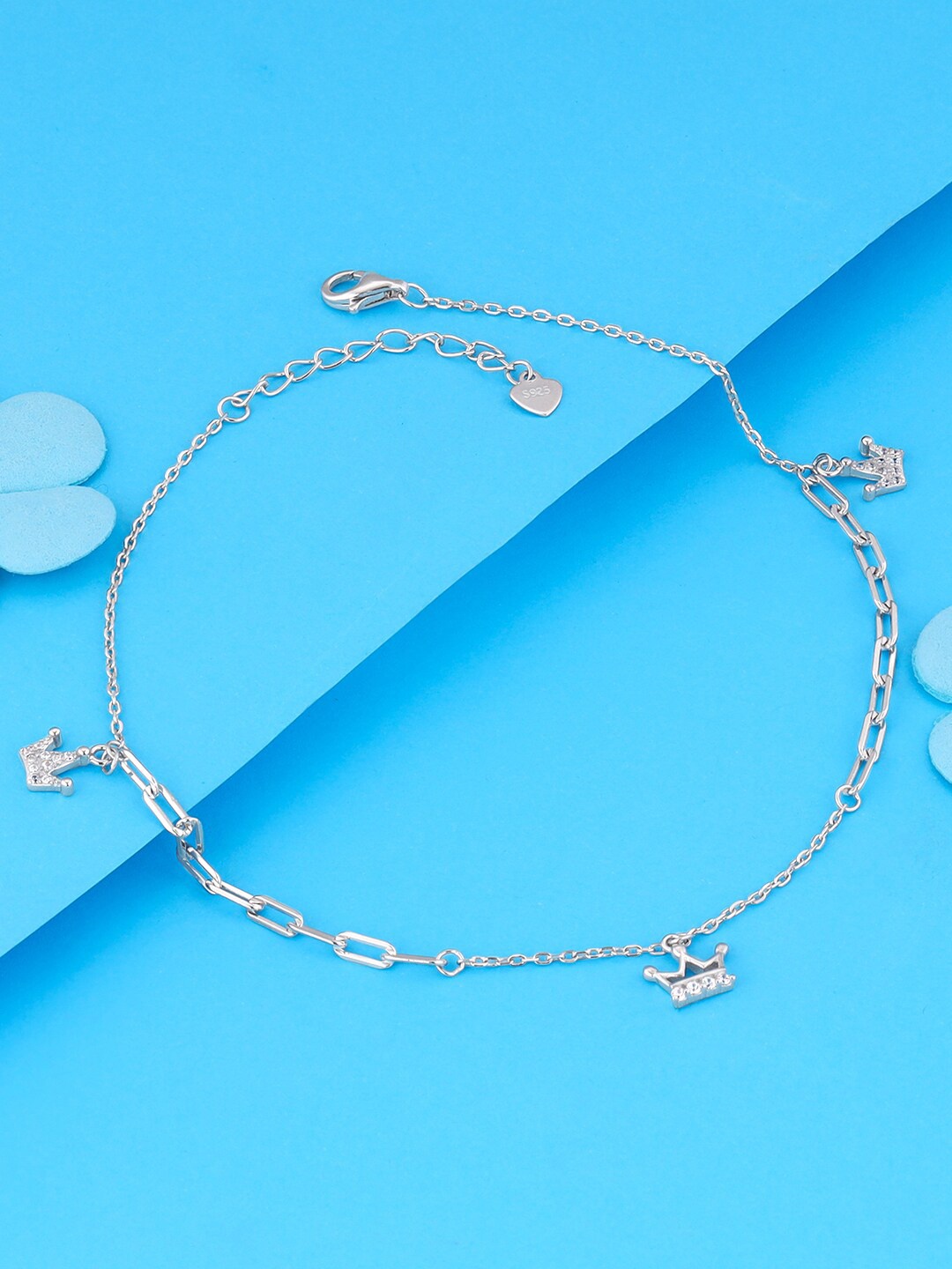 

GIVA Set Of 2 German Silver Rhodium Plated Stone Studded Crown Charm Anklets