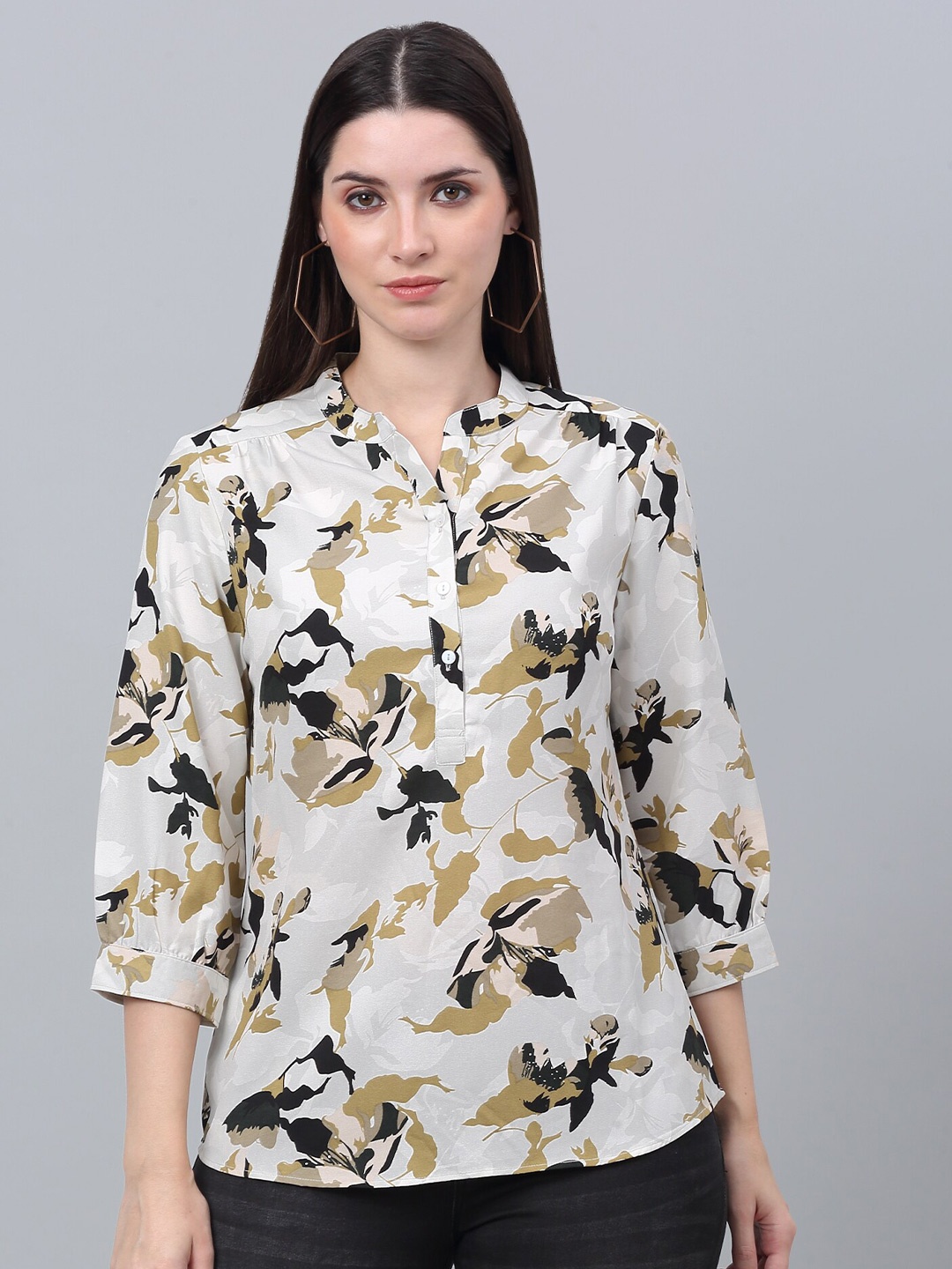 

Cantabil Floral Print Mandarin Collar Shirt Style Top, Grey