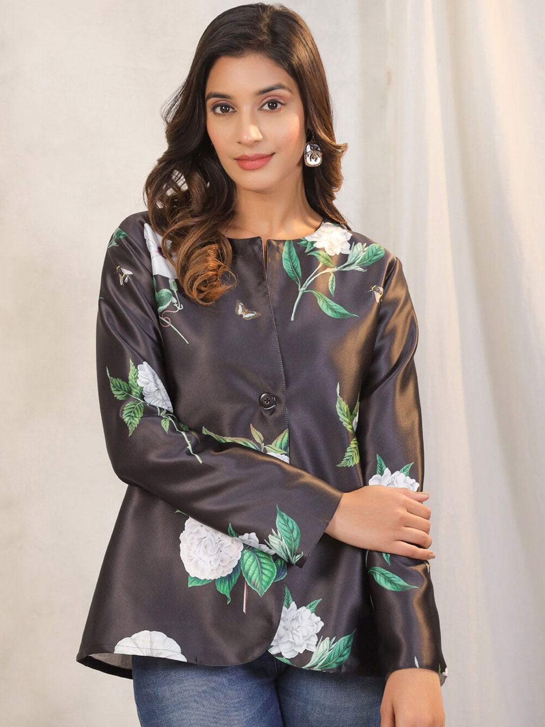 SANSKRUTIHOMES Floral Printed Lightweight Satin Tailored Jacket, Black