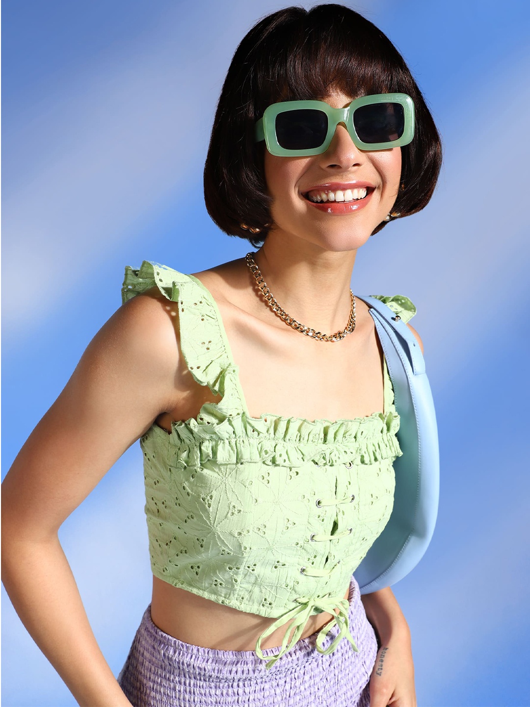 

PRETTY LOVING THING Self Design Shoulder Straps Cotton Cropped Top, Green