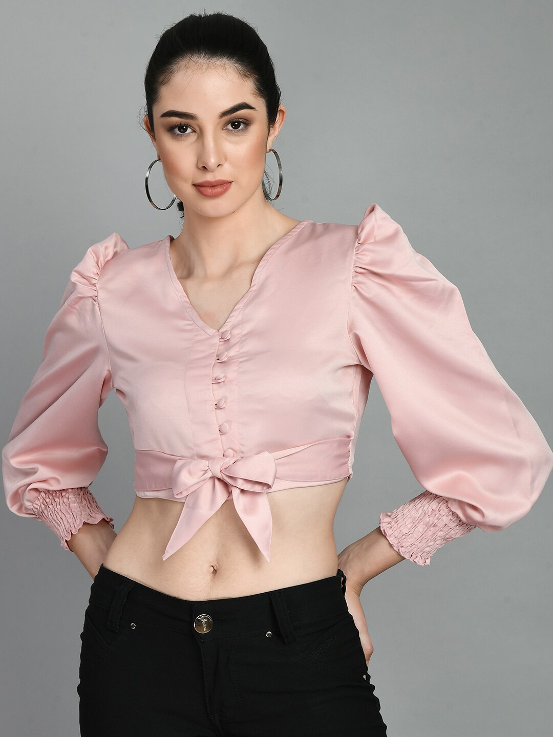 

PRETTY LOVING THING V-Neck Puff Sleeves Cropped Satin Top, Pink
