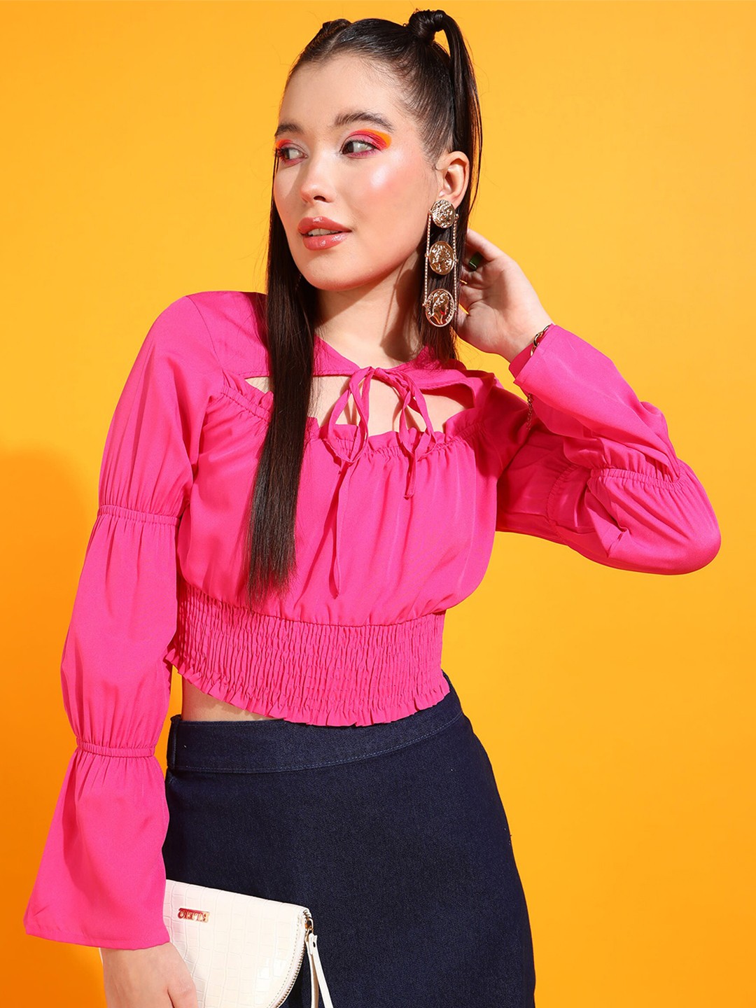 

PRETTY LOVING THING Pink Tie-Up Neck Bell Sleeve Top