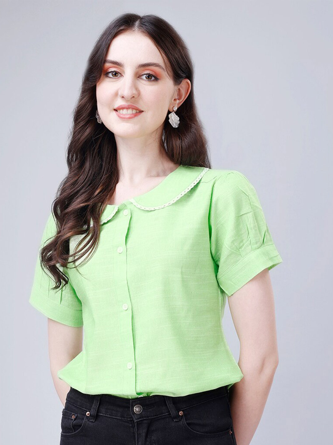 

Kinjo Peter Pan Collar Puff Sleeves Cotton Shirt Style Top, Green