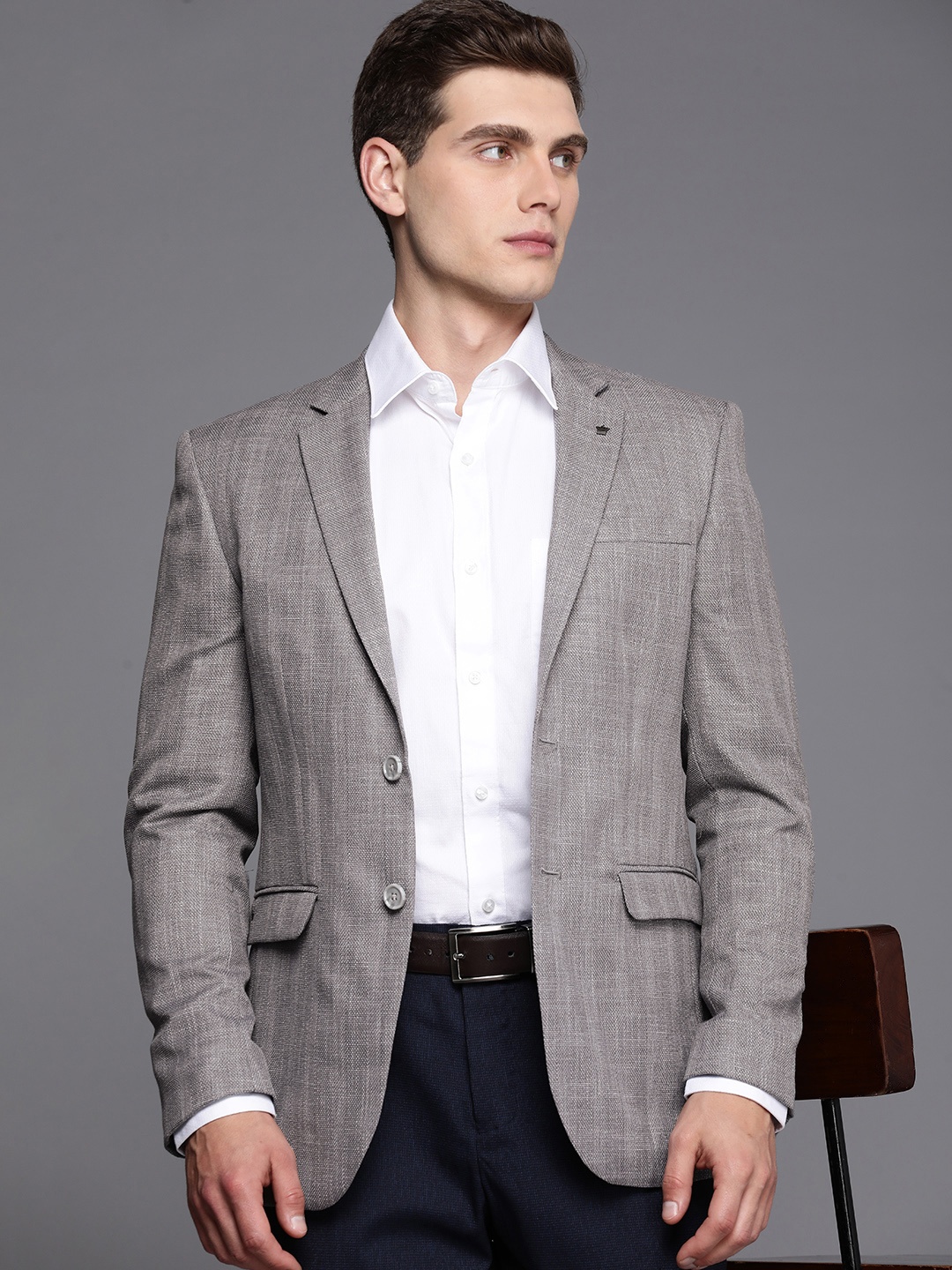 

Louis Philippe Self Design Single Breasted Slim Fit Formal Blazer, Grey