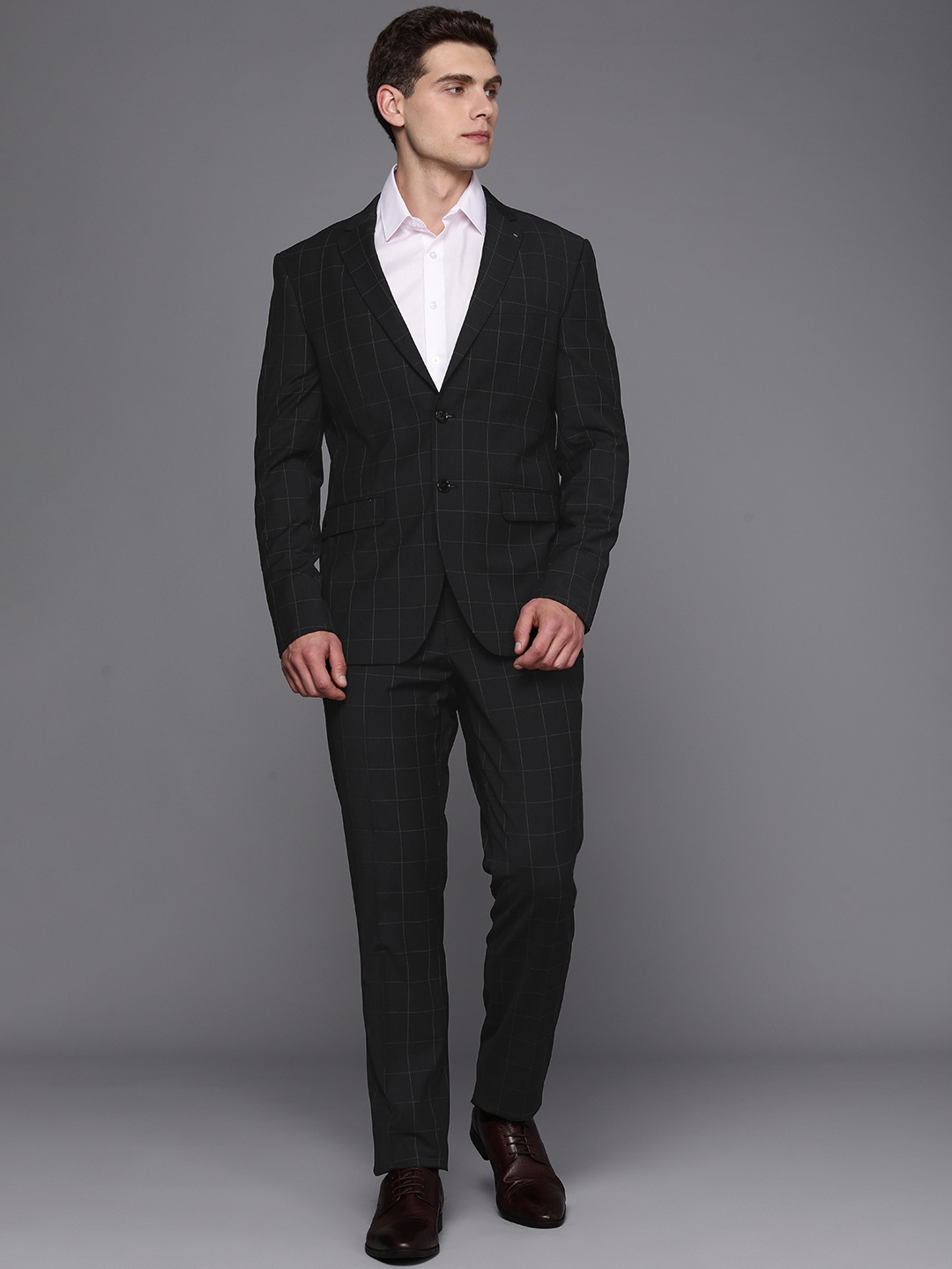 

Louis Philippe Men Checked Slim-Fit Single-Breasted Two-Piece Formal Suit, Black