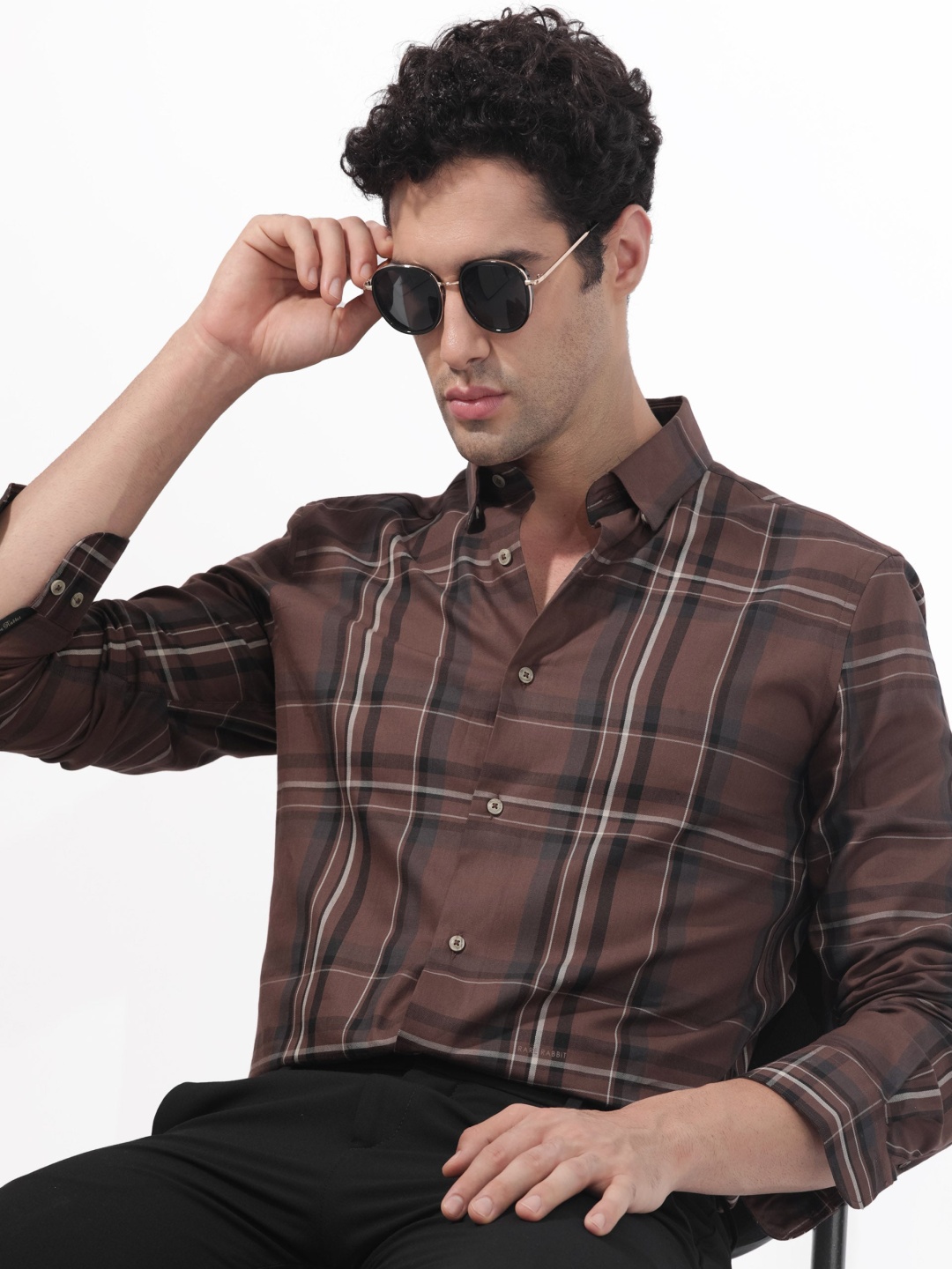 

RARE RABBIT Men Cosen Tartan Checked Slim Fit Cotton Shirt, Brown