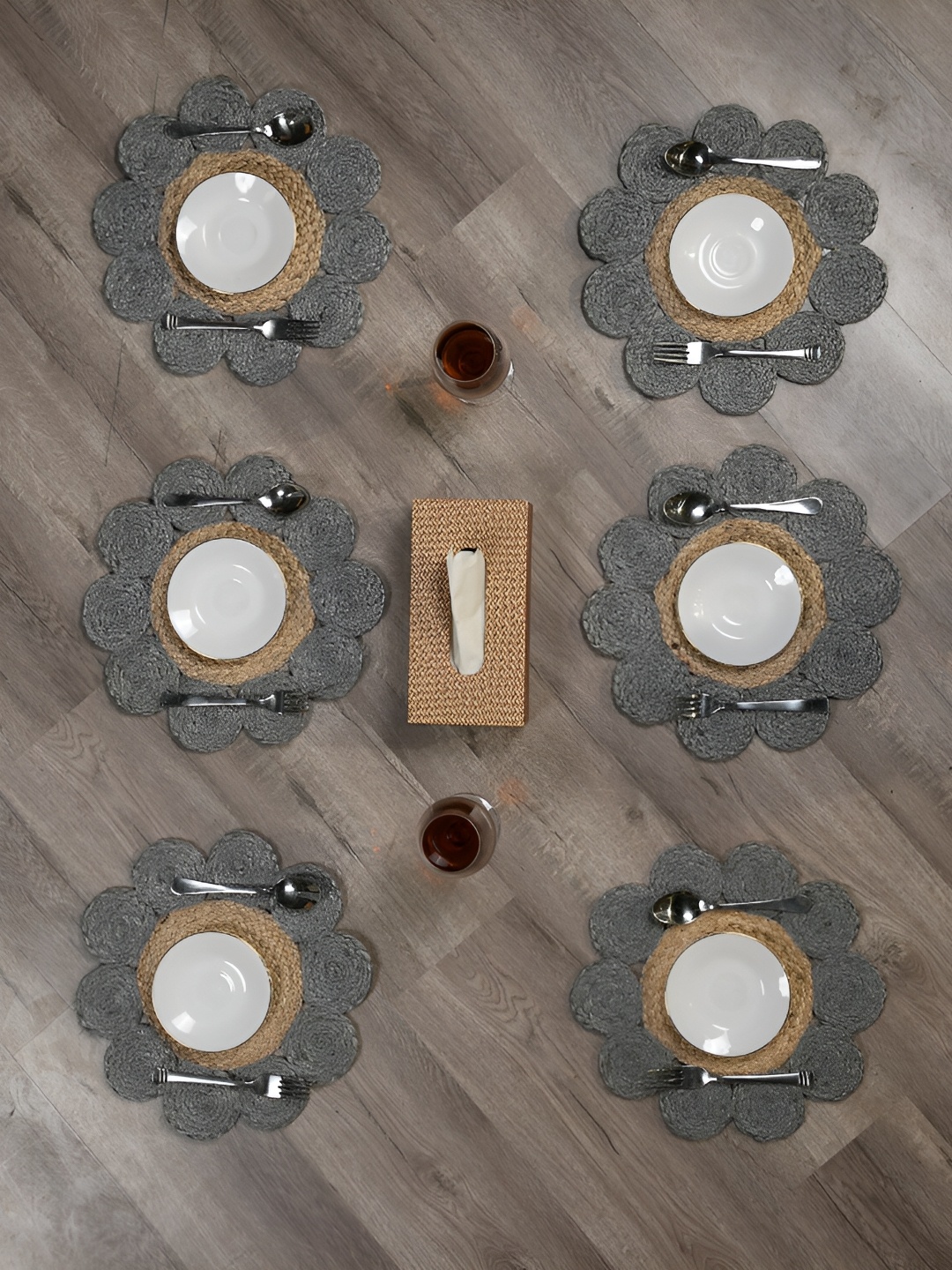 

GRHAMOY 6 Pieces Grey & Brown Braided Jute Floral Table Placemats