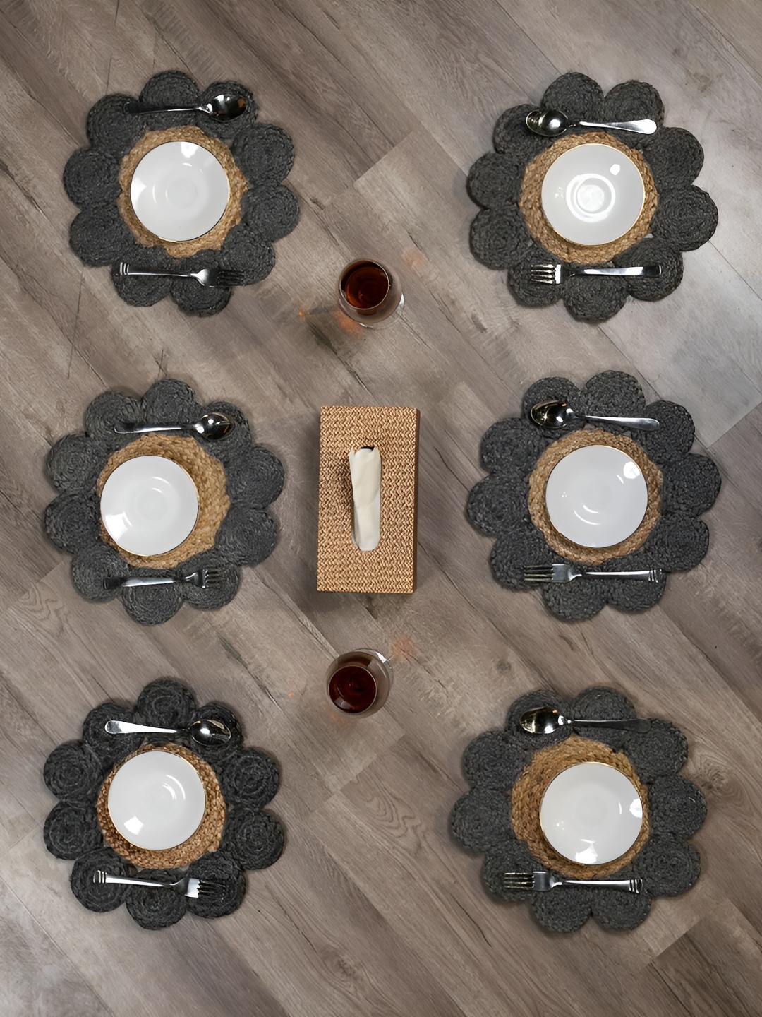 

GRHAMOY 6 Pieces Grey & Brown Braided Floral Table Placemats