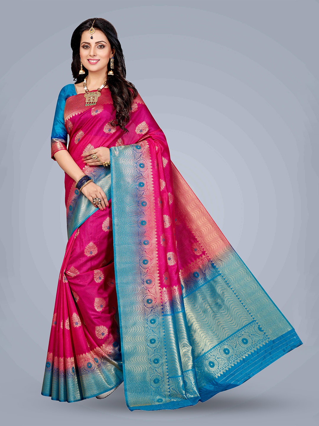 

MAGMINA Ethnic Motifs Woven Design Banarasi Saree, Pink