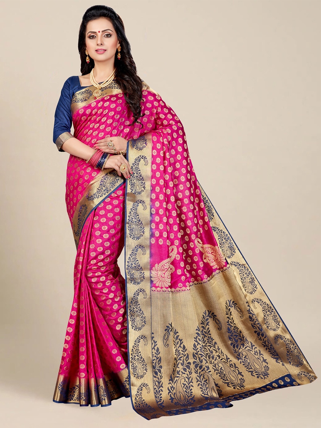 

MAGMINA Paisley Woven Designed Zari Banarasi Saree, Pink