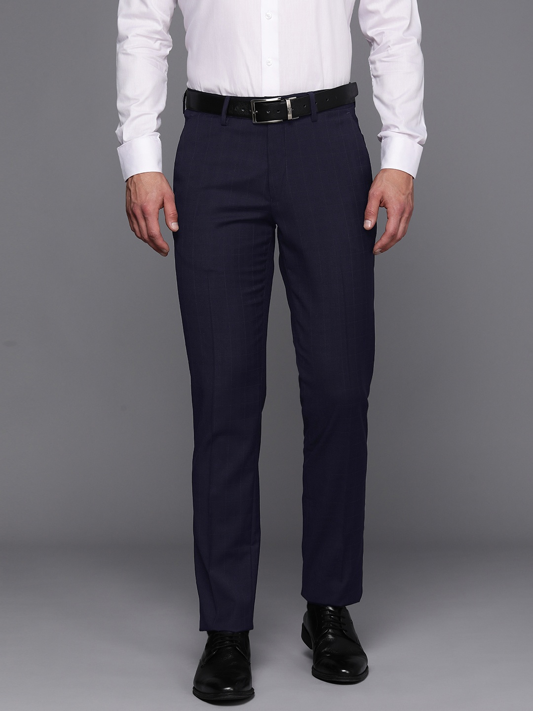 

Louis Philippe Men Mid-Rise Slim Fit Checked Formal Trousers, Navy blue