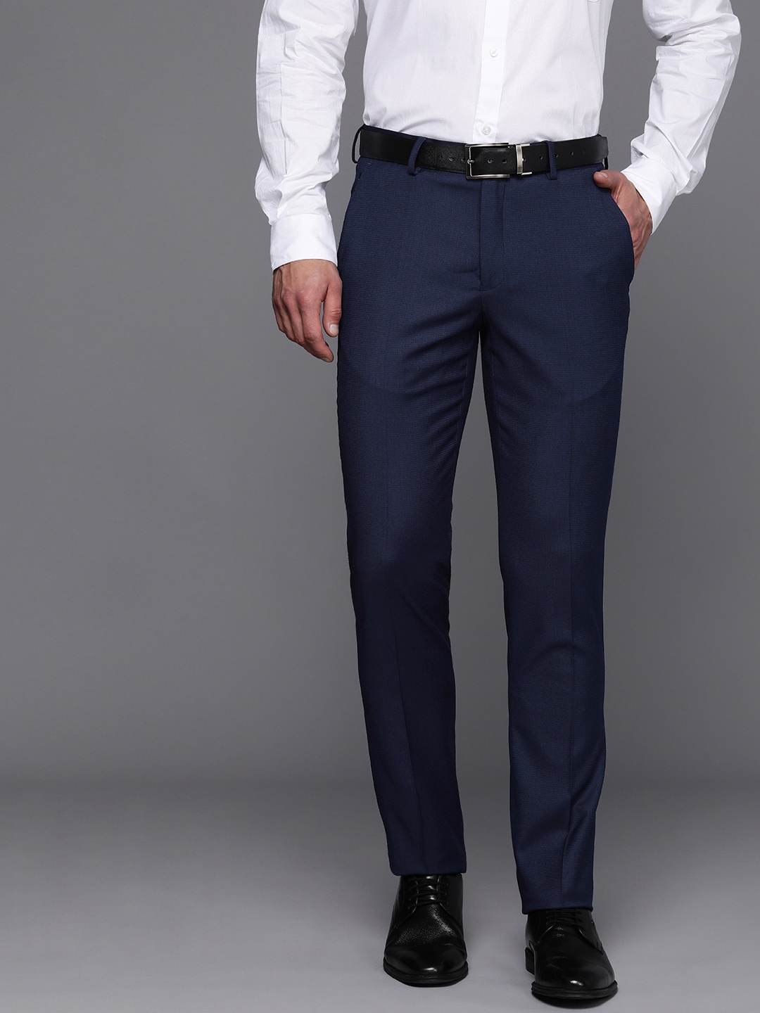 

Louis Philippe Men Self Design Textured Super Slim Fit Formal Trousers, Navy blue