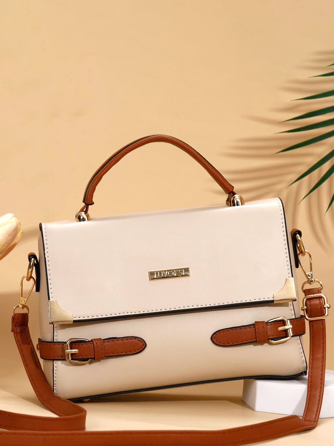 

Luvoksi Textured Structured Satchel Bag, Beige