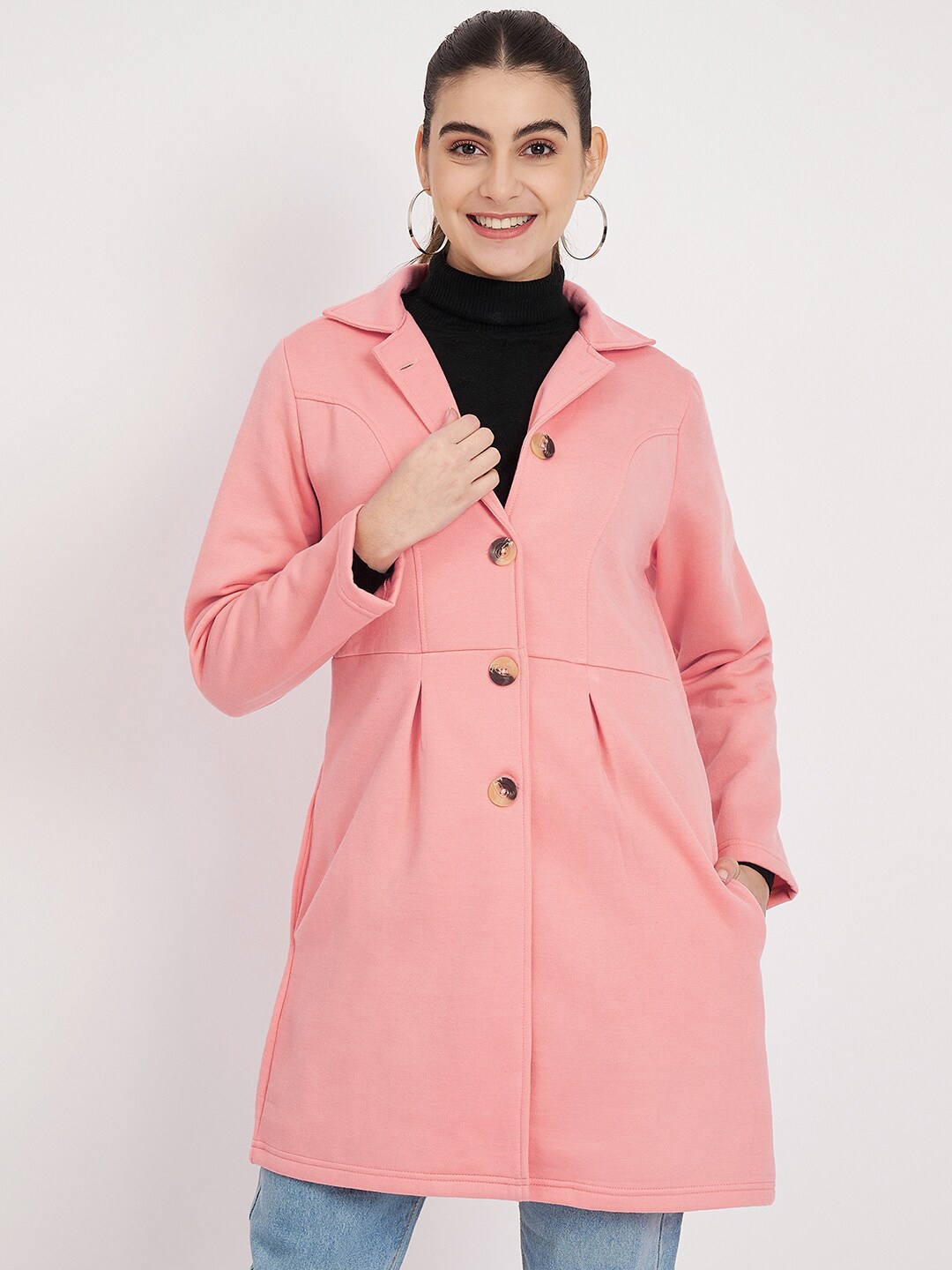 

BRINNS Notched Collar Hip Length Fleece Overcoat, Pink