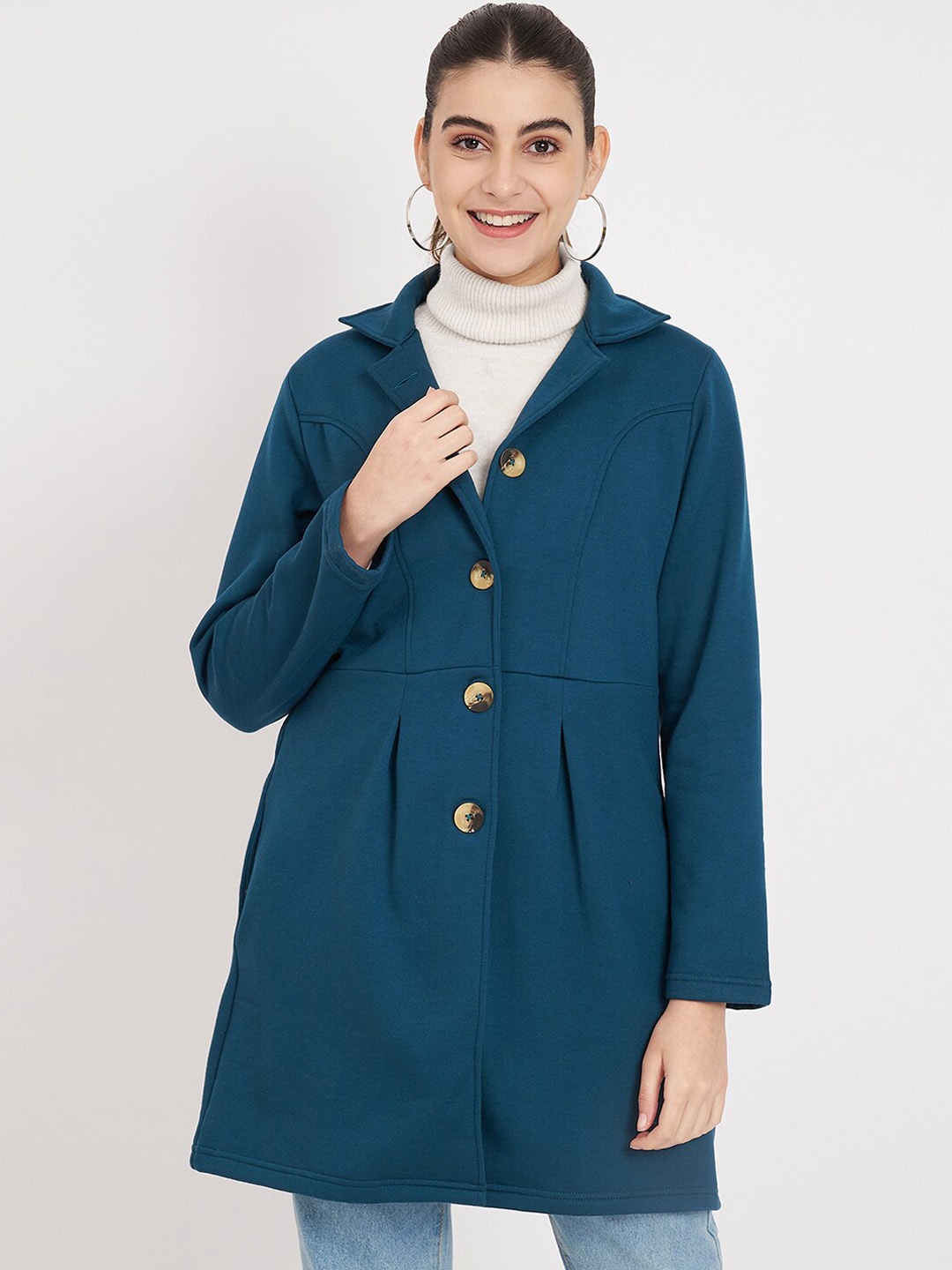 

BRINNS Notched Collar Hip Length Fleece Overcoat, Teal