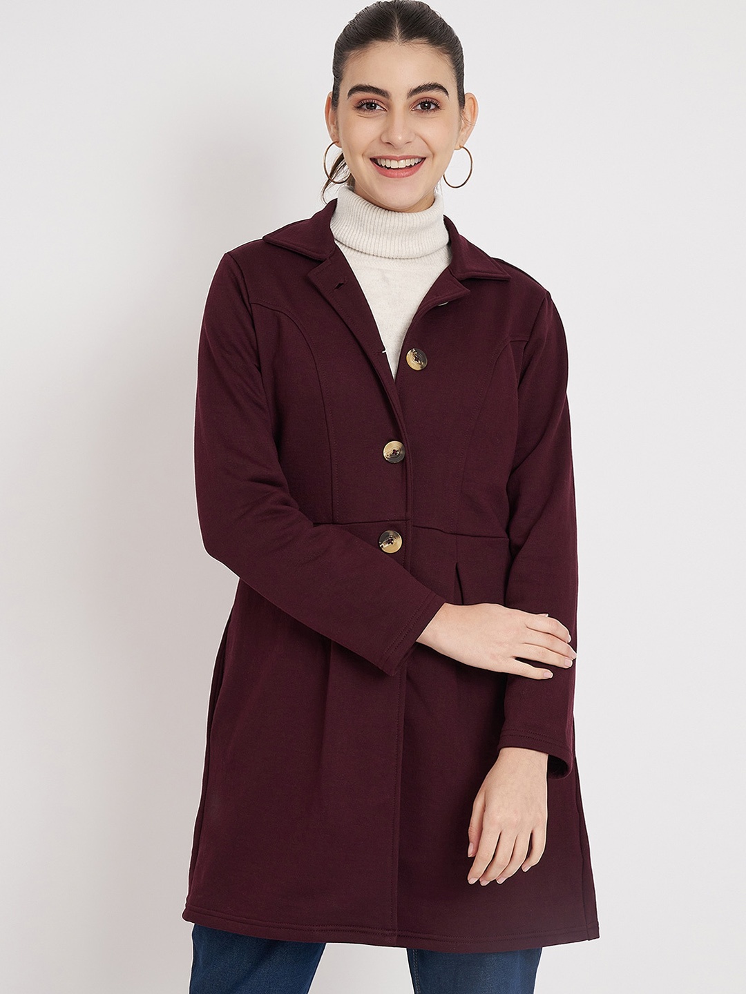 

BRINNS Notched Collar Hip Length Fleece Overcoat, Burgundy