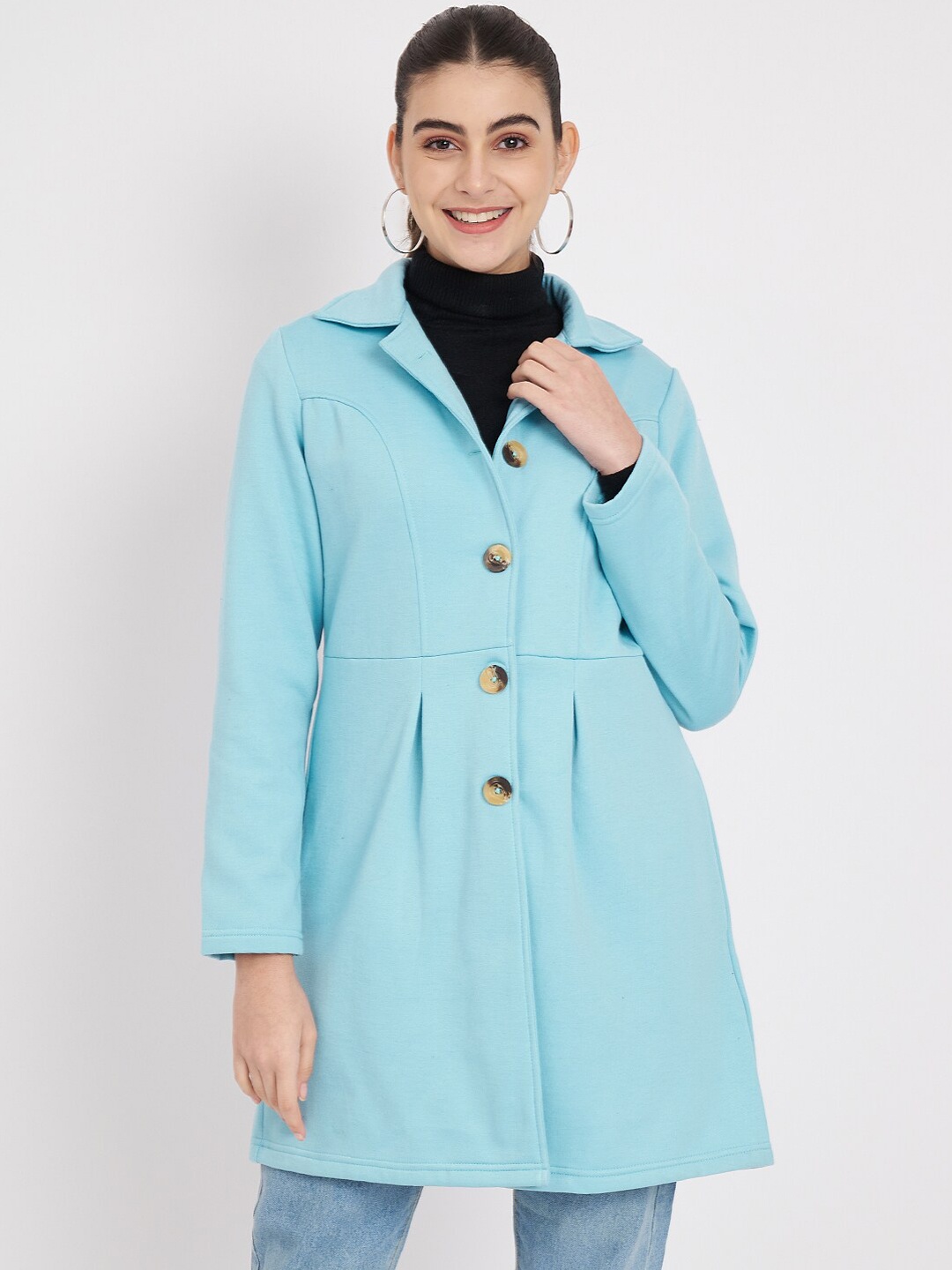 

BRINNS Notched Collar Hip Length Fleece Overcoat, Turquoise blue